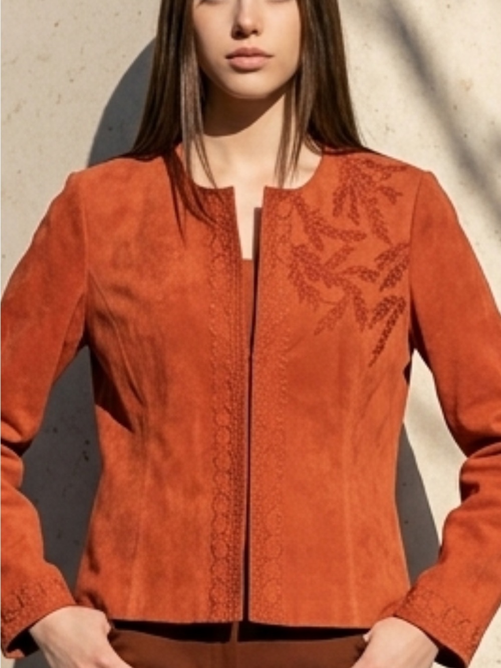 dressbarn Orange Embroidered Open-Front Blazer